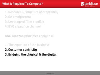 What Is Required To Compete?

 1. Resource & structure appropriately
 2. Be omnipresent
 3. Leverage offline > online
 4. BYO clearance channel

 AND Amazon principles apply to all

 1. The equation of the business
 2. Customer centricity
 3. Bridging the physical & the digital




                               © Amblique 2012
 