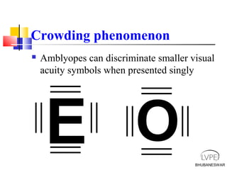 BHUBANESWAR
Crowding phenomenon
 Amblyopes can discriminate smaller visual
acuity symbols when presented singly
E O
 