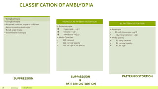 CLASSIFICATION OF AMBLYOPIA
STRABISMIC• Cong Esotropia
• Cong Exotropia
• Acquired constant tropia in childhood
• Accommodative esotropia
• Small angle tropia
• Intermittent exotropia
MONOCULAR PATTERN DISTORTION
• Anisometropia
 Hyperopia >+1.5 D
 Myopia >-3 D
 Meridional >+1.5D
• Media Opacities
• U/L cataract
• U/L corneal opacity
• U/L vit h’ge or vit opacity
B/L PATTERN DISTORTION
• Ametropia
• B/L high Hyperopia >+5 D
• B/L Astigmatism >+2.5D
• Media opacity
• B/L cong cataract
• B/l corneal opacity
• B/L vit h’ge
18 2/2/2019 Add a footer
SUPPRESSION
SUPPRESSION
&
PATTERN DISTORTION
PATTERN DISTORTION
 