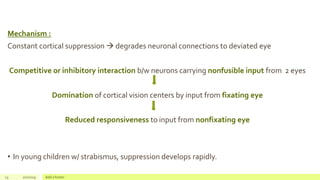 Mechanism :
Constant cortical suppression  degrades neuronal connections to deviated eye
Competitive or inhibitory interaction b/w neurons carrying nonfusible input from 2 eyes
Domination of cortical vision centers by input from fixating eye
Reduced responsiveness to input from nonfixating eye
• In young children w/ strabismus, suppression develops rapidly.
23 2/2/2019 Add a footer
 
