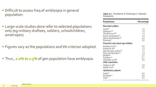 • Difficult to assess freq of amblyopia in general
population.
• Large-scale studies done refer to selected populations
only (eg military draftees, soldiers, schoolchildren,
ametropes)
• Figures vary w/ the populations andVA criterion adopted.
• Thus , 2.0% to 2.5% of gen population have amblyopia.
8 2/2/2019
Add a footer
 