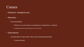 Causes
• Strabismic: misaligned eyes
• Refractive:
• By anisometropia
• Difference of a certain degree of nearsightedness, farsightedness, or astigmatis
• By significant amount of equal refractive error in both eyes
• Deprivational:
• By deprivation of vision early in life by vision-obstructing disorders
• Congenital cataract
 