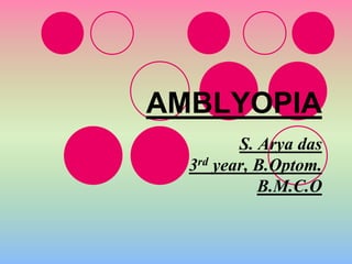 AMBLYOPIA
S. Arya das
3rd year, B.Optom.
B.M.C.O
 