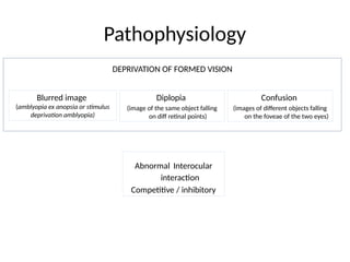 Pathophysiology
Blurred image
(amblyopia ex anopsia or stimulus
deprivation amblyopia)
Diplopia
(image of the same object falling
on diff retinal points)
Confusion
(images of different objects falling
on the foveae of the two eyes)
Abnormal Interocular
interaction
Competitive / inhibitory
DEPRIVATION OF FORMED VISION
 