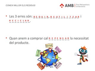 CONEIX MILLOR ELS RESIDUS!
• Les 3 erres són: _ _ _ _ _ _, _ _ _ _ _ _ _ _ _ _ _ i
_ _ _ _ _ _ _ _.
• Quan anem a comprar cal _ _ _ _ _ _ _ _ la necessitat
del producte.
R E D U I R R E U T I L I T Z A R
R E C I C L A R
R E P E N S A R
 