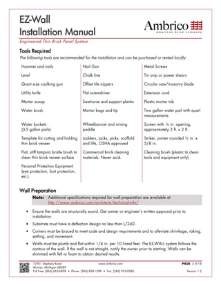 EZ-Wall
Installation Manual
Engineered Thin Brick Panel System

Tools Required




Wall Preparation



   


   
   


   




                                    
 