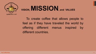 13
Your Coffee Shop
VISION, MISSION, and VALUES
To create coffee that allows people to
feel as if they have traveled the world by
offering different menus inspired by
different countries.
 