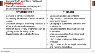 24
Your Coffee Shop
SWOT ANALYSIS
• Compliant with labor laws, health and
safety protocol.
• Can offer sustainable packaging and
energy efficient equipment.
OPPORTUNITIES THREATS
• Growing e-commerce market.
• Increasing awareness of environmental
issues.
• Utilization of digital marketing to attract a
wider audience and customers.
• Trend of digital loyalty programs such as
gaining points for every order.
• Diversification of product offerings
• Decreasing disposable income
• High inflation rates impact customers’
purchasing power
• Changing in customers’ behavior and
preferences.
• Natural disasters delaying business
operations
• Intense competition from major and
minor competitors
• High cost of environmentally friendly
practices
• High cost of implementing food safety
and hygiene regulation.
 