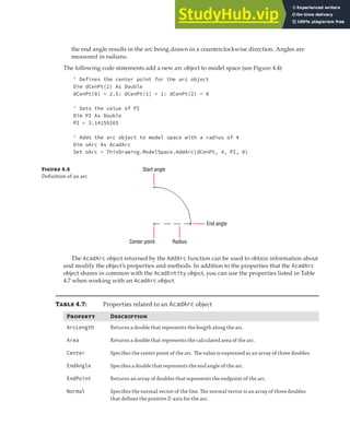 CREATING GRAPHICAL OBJECTS | 95
the end angle results in the arc being drawn in a counterclockwise direction. Angles are
measured in radians.
The following code statements add a new arc object to model space (see Figure 4.4):
' Defines the center point for the arc object
Dim dCenPt(2) As Double
dCenPt(0) = 2.5: dCenPt(1) = 1: dCenPt(2) = 0
' Sets the value of PI
Dim PI As Double
PI = 3.14159265
' Adds the arc object to model space with a radius of 4
Dim oArc As AcadArc
Set oArc = ThisDrawing.ModelSpace.AddArc(dCenPt, 4, PI, 0)
Figure 4.4
Deﬁnition of an arc
Start angle
Center point Radius
End angle
The AcadArc object returned by the AddArc function can be used to obtain information about
and modify the object’s properties and methods. In addition to the properties that the AcadArc
object shares in common with the AcadEntity object, you can use the properties listed in Table
4.7 when working with an AcadArc object.
Table 4.7: Properties related to an AcadArc object
Property Description
ArcLength Returns a double that represents the length along the arc.
Area Returns a double that represents the calculated area of the arc.
Center Speciﬁes the center point of the arc. The value is expressed as an array of three doubles.
EndAngle Speciﬁes a double that represents the end angle of the arc.
EndPoint Returns an array of doubles that represents the endpoint of the arc.
Normal Speciﬁes the normal vector of the line. The normal vector is an array of three doubles
that deﬁnes the positive Z-axis for the arc.
 