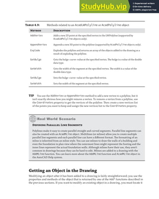 GETTING AN OBJECT IN THE DRAWING | 99
Table 4.9: Methods related to an AcadLWPolyline or AcadPolyline object
Method Description
AddVertex Adds a new 2D point at the speciﬁed vertex in the LWPolyline (supported by
AcadLWPolyline objects only).
AppendVertex Appends a new 3D point to the polyline (supported by AcadPolyline objects only).
Explode Explodes the polyline and returns an array of the objects added to the drawing as a
result of exploding the polyline.
GetBulge Gets the bulge–curve–value at the speciﬁed vertex. The bulge is a value of the double
data type.
GetWidth Gets the width of the segment at the speciﬁed vertex. The width is a value of the
double data type.
SetBulge Sets the bulge–curve–value at the speciﬁed vertex.
SetWidth Sets the width of the segment at the speciﬁed vertex.
TIP You use the AddVertex or AppendVertex method to add a new vertex to a polyline, but it
isn’t exactly obvious how you might remove a vertex. To remove a vertex from a polyline, use
the Coordinates property to get the vertices of the polyline. Then create a new vertices list
of the points you want to keep and assign the new vertices list to the Coordinates property.
Defining Parallel Line Segments
Polylines make it easy to create parallel straight and curved segments. Parallel line segments can
also be created with an AcadMLine object. Multilines (or mlines) allow you to create multiple
parallel line segments and each parallel line can have a diﬀerent format. The formatting of an
mline is inherited from an mline style. You can use mlines to draw the walls of a building and
even the foundation in plan view where the outermost lines might represent the footing and the
inner lines represent the actual foundation walls. Although mlines have their use, they aren’t
common in drawings because they can be hard to edit. Mlines are added to a drawing with the
AddMLine function. You can learn more about the AddMLine function and AcadMLine object in
the AutoCAD Help system.
Getting an Object in the Drawing
Modifying an object after it has been added to a drawing is fairly straightforward; you use the
properties and methods of the object that is returned by one of the Add* functions described in
the previous sections. If you want to modify an existing object in a drawing, you must locate it
 
