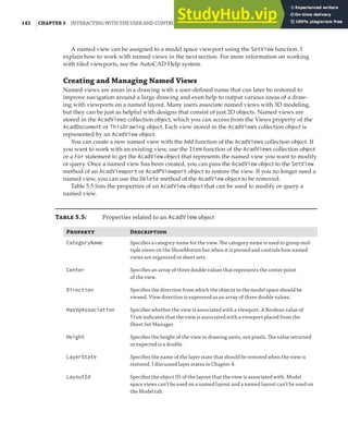 142 |CHAPTER 5 INTERACTING WITH THE USER AND CONTROLLING THE CURRENT VIEW
A named view can be assigned to a model space viewport using the SetView function. I
explain how to work with named views in the next section. For more information on working
with tiled viewports, see the AutoCAD Help system.
Creating and Managing Named Views
Named views are areas in a drawing with a user-defined name that can later be restored to
improve navigation around a large drawing and even help to output various areas of a draw-
ing with viewports on a named layout. Many users associate named views with 3D modeling,
but they can be just as helpful with designs that consist of just 2D objects. Named views are
stored in the AcadViews collection object, which you can access from the Views property of the
AcadDocument or ThisDrawing object. Each view stored in the AcadViews collection object is
represented by an AcadView object.
You can create a new named view with the Add function of the AcadViews collection object. If
you want to work with an existing view, use the Item function of the AcadViews collection object
or a For statement to get the AcadView object that represents the named view you want to modify
or query. Once a named view has been created, you can pass the AcadView object to the SetView
method of an AcadViewport or AcadPViewport object to restore the view. If you no longer need a
named view, you can use the Delete method of the AcadView object to be removed.
Table 5.5 lists the properties of an AcadView object that can be used to modify or query a
named view.
T 5.5: Properties related to an AcadView object
P D
CategoryName Speciﬁes a category name for the view. The category name is used to group mul-
tiple views on the ShowMotion bar when it is pinned and controls how named
views are organized in sheet sets.
Center Speciﬁes an array of three double values that represents the center point
of the view.
Direction Speciﬁes the direction from which the objects in the model space should be
viewed. View direction is expressed as an array of three double values.
HasVpAssociation Speciﬁes whether the view is associated with a viewport. A Boolean value of
True indicates that the view is associated with a viewport placed from the
Sheet Set Manager.
Height Speciﬁes the height of the view in drawing units, not pixels. The value returned
or expected is a double.
LayerState Speciﬁes the name of the layer state that should be restored when the view is
restored. I discussed layer states in Chapter 4.
LayoutId Speciﬁes the object ID of the layout that the view is associated with. Model
space views can’t be used on a named layout and a named layout can’t be used on
the Model tab.
 