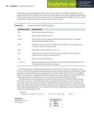 154 |CHAPTER 6 ANNOTATING OBJECTS
symbol has a special meaning in a text string. You use a percent symbol to indicate the use of
special control codes and field values. Special control codes can be used to toggle underlining or
overscoring for part or all of a text string and to insert special symbols. Table 6.1 lists the control
codes that are supported in the text string of an AcadText object.
Table 6.1: Control codes for AcadText objects
Control code Description
%%c Adds a diameter symbol to the text.
%%d Adds a degree symbol to the text.
%%nnn Adds the ASCII character represented by the character value nnn. For example,
%%169 adds the Copyright symbol.
%%o Toggles the use of overscoring. The ﬁrst instance of %%o in a text string turns over-
scoring on, and the second turns it oﬀ.
%%p Adds a plus or minus symbol ( ± ) to the text.
%%u Toggles the use of underscoring. The ﬁrst instance of %%u in a text string turns
underscoring on, and the second turns it oﬀ.
%%% Adds a percent symbol to the text.
%< and >% Deﬁnes the start and end of a ﬁeld value. I discuss working with ﬁeld values in in the
“Creating Fields” section later in this chapter.
The text string of an AcadMText object can be very basic, but it can be very complex as well.
You can control the formatting of each character in a text string with special control codes. Unlike
the special control codes that are supported by an AcadText object, those used by an AcadMText
object are much more complicated and harder to figure out at first. However, the AutoCAD list
command will be your friend if you want to create complexly formatted text strings.
The best process for learning how to format the text string of an AcadMText object is to use
the mtext command in AutoCAD and create a sample text string that you want to create with
your VBA macro. Once the MText object is added to the drawing, use the list command and
look at the value after the Contents label in the output. For example, the following is an example
of the output displayed by the list command for an MText object that contains a numbered list
with three items (see Figure 6.3):
Contents:
Numbered ListPpxi-3,l3,t3;1. Item 1P2. Item 2P3. Item 3
Figure 6.3
Numbered list in an
MText object
 