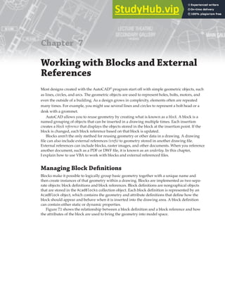 Chapter 7
Working with Blocks and External
References
Most designs created with the AutoCAD®
program start off with simple geometric objects, such
as lines, circles, and arcs. The geometric objects are used to represent holes, bolts, motors, and
even the outside of a building. As a design grows in complexity, elements often are repeated
many times. For example, you might use several lines and circles to represent a bolt head or a
desk with a grommet.
AutoCAD allows you to reuse geometry by creating what is known as a block. A block is a
named grouping of objects that can be inserted in a drawing multiple times. Each insertion
creates a block reference that displays the objects stored in the block at the insertion point. If the
block is changed, each block reference based on that block is updated.
Blocks aren’t the only method for reusing geometry or other data in a drawing. A drawing
file can also include external references (xrefs) to geometry stored in another drawing file.
External references can include blocks, raster images, and other documents. When you reference
another document, such as a PDF or DWF file, it is known as an underlay. In this chapter,
I explain how to use VBA to work with blocks and external referenced files.
Managing Block Deﬁnitions
Blocks make it possible to logically group basic geometry together with a unique name and
then create instances of that geometry within a drawing. Blocks are implemented as two sepa-
rate objects: block definitions and block references. Block definitions are nongraphical objects
that are stored in the AcadBlocks collection object. Each block definition is represented by an
AcadBlock object, which contains the geometry and attribute definitions that define how the
block should appear and behave when it is inserted into the drawing area. A block definition
can contain either static or dynamic properties.
Figure 7.1 shows the relationship between a block definition and a block reference and how
the attributes of the block are used to bring the geometry into model space.
 