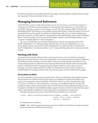 192 |CHAPTER 7 WORKING WITH BLOCKS AND EXTERNAL REFERENCES
ResetBlock method of an AcadBlockReference object. The ResetBlock method doesn’t accept
any argument values and doesn’t return a value.
Managing External References
AutoCAD allows you to create what is known as an external reference. An external reference is
a reference to a file that is stored outside of a drawing file. The contents in an external file can
be another drawing, a raster or vector image, or even a file that supports Object Linking and
Embedding (OLE). OLE allows you to embed, among other things, a Word document or an Excel
spreadsheet into a drawing file. In addition to referencing a file, you can import objects into a
drawing using OLE. An OLE object is represented by the AcadOle object in the AutoCAD Object
library. You can modify, but not create, an OLE object with the AutoCAD Object library. I dis-
cuss how to import objects or a file in Chapter 8.
You can see which files are externally referenced to a file by accessing the items of the
AcadFileDependencies collection object. Each file that a drawing is dependent on to cor-
rectly display objects is part of the AcadFileDependencies collection object. I mention the
AcadFileDependencies collection object in the “Listing File Dependencies” section later in this
chapter.
Working with Xrefs
An external drawing file referenced into a drawing is known as an xref. Xrefs are similar to
blocks because they allow for the reuse of geometry in any drawing with one distinct difference.
The difference that sets blocks and xrefs apart is that any changes made to the objects in the
external drawing file are reflected in any drawings that reference the file. Xrefs are frequently
used in architectural and civil engineering drawings to reference a floor plan or survey
drawing. An xref is represented by an AcadExternalReference object and is similar to an
AcadBlockReference object except in the way that the object can be modified and managed.
A  X
An xref is attached to a drawing, not inserted like a block or added like other graphical objects.
The AttachExternalReference function returns an AcadExternalReference object and
expects nine argument values that define which file to attach, as well as the placement and
size of the xref. When an xref is attached to a drawing, an AcadBlock object is created. The
AcadBlock object contains the geometry that is in the referenced drawing file, but objects can’t
be added or modified in that AcadBlock object. Figure 7.2 shows the flow of data that takes place
when a drawing file is attached to a drawing and an xref is placed in model space.
The following shows the syntax of the AttachExternalReference function:
retVal = object.AttachExternalReference(fileName, xrefName, insertionPoint,
xScale, yScale, zScale, rotation,
overlay [, password])
Its arguments are as follows:
retVal The retVal argument represents the new AcadExternalReference object returned
by the AttachExternalReference function.
 