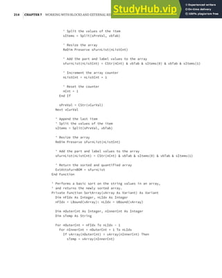 214 |CHAPTER 7 WORKING WITH BLOCKS AND EXTERNAL REFERENCES
' Split the values of the item
sItems = Split(sPreVal, vbTab)
' Resize the array
ReDim Preserve sFurnList(nListCnt)
' Add the part and label values to the array
sFurnList(nListCnt) = CStr(nCnt) & vbTab & sItems(0) & vbTab & sItems(1)
' Increment the array counter
nListCnt = nListCnt + 1
' Reset the counter
nCnt = 1
End If
sPreVal = CStr(vCurVal)
Next vCurVal
' Append the last item
' Split the values of the item
sItems = Split(sPreVal, vbTab)
' Resize the array
ReDim Preserve sFurnList(nListCnt)
' Add the part and label values to the array
sFurnList(nListCnt) = CStr(nCnt) & vbTab & sItems(0) & vbTab & sItems(1)
' Return the sorted and quantified array
ExtAttsFurnBOM = sFurnList
End Function
' Performs a basic sort on the string values in an array,
' and returns the newly sorted array.
Private Function SortArray(vArray As Variant) As Variant
Dim nFIdx As Integer, nLIdx As Integer
nFIdx = LBound(vArray): nLIdx = UBound(vArray)
Dim nOuterCnt As Integer, nInnerCnt As Integer
Dim sTemp As String
For nOuterCnt = nFIdx To nLIdx - 1
For nInnerCnt = nOuterCnt + 1 To nLIdx
If vArray(nOuterCnt) > vArray(nInnerCnt) Then
sTemp = vArray(nInnerCnt)
 