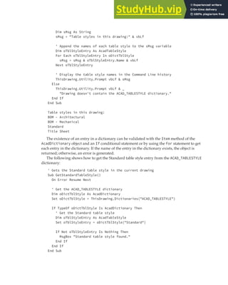 CREATING AND MODIFYING A CUSTOM DICTIONARY | 261
Dim sMsg As String
sMsg = "Table styles in this drawing:" & vbLf
' Append the names of each table style to the sMsg variable
Dim oTblStyleEntry As AcadTableStyle
For Each oTblStyleEntry In oDictTblStyle
sMsg = sMsg & oTblStyleEntry.Name & vbLf
Next oTblStyleEntry
' Display the table style names in the Command Line history
ThisDrawing.Utility.Prompt vbLf & sMsg
Else
ThisDrawing.Utility.Prompt vbLf & _
"Drawing doesn't contain the ACAD_TABLESTYLE dictionary."
End If
End Sub
Table styles in this drawing:
BOM - Architectural
BOM - Mechanical
Standard
Title Sheet
The existence of an entry in a dictionary can be validated with the Item method of the
AcadDictionary object and an If conditional statement or by using the For statement to get
each entry in the dictionary. If the name of the entry in the dictionary exists, the object is
returned; otherwise, an error is generated.
The following shows how to get the Standard table style entry from the ACAD_TABLESTYLE
dictionary:
' Gets the Standard table style in the current drawing
Sub GetStandardTableStyle()
On Error Resume Next
' Get the ACAD_TABLESTYLE dictionary
Dim oDictTblStyle As AcadDictionary
Set oDictTblStyle = ThisDrawing.Dictionaries("ACAD_TABLESTYLE")
If TypeOf oDictTblStyle Is AcadDictionary Then
' Get the Standard table style
Dim oTblStyleEntry As AcadTableStyle
Set oTblStyleEntry = oDictTblStyle("Standard")
If Not oTblStyleEntry Is Nothing Then
MsgBox "Standard table style found."
End If
End If
End Sub
 