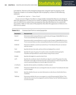 320 |CHAPTER 11 CREATING AND DISPLAYING USER FORMS
in its title bar. The text can be changed at design-time using the Caption property in the
Properties window or at runtime using the Caption property, as shown in the following
statement:
frmDrawPlate.Caption = "Draw Plate"
As you can see in Figure 11.4, there is a large number of properties that you can change to
affect the appearance of a UserForm or control. In addition to properties that affect the appear-
ance of a UserForm or control, there are properties that affect the behavior of a control dur-
ing runtime. Table 11.1 lists some of the properties that affect the appearance or behavior of a
UserForm or control.
T 11.1: Common UserForm or control properties
P D
Cancel Determines which command button is used to discard changes; CommandButton set to
True is executed when the user presses Esc.
Default Determines which command button is used to accept changes; CommandButton set to
True is executed when no other command button has focus and the user presses Enter.
Enabled Determines whether a control can receive focus; True indicates the user can interact
with the control.
Font Speciﬁes the font, font style, and size of the text displayed for a control.
GroupName Speciﬁes the name of a group. It is used to create a mutually exclusive group for
CheckBox and OptionButton controls without using a Frame control.
Height Speciﬁes the height of a control or UserForm.
Left Speciﬁes the coordinate value for the leftmost edge of a control. The greater the value,
the farther to the right on the UserForm the control is placed. A value of 0 speciﬁes the
control is positioned adjacent to the left edge of the UserForm.
ListStyle Speciﬁes the list style for a ComboBox or ListBox control.
Locked Determines whether the user can change the value of a control; True indicates the value
can’t be changed.
Style Speciﬁes whether the user can enter information or only choose a listed value from a
ComboBox.
TabStop Determines whether the user can navigate to a control by pressing the Tab key; True
indicates the control can be navigated to with the Tab key. Use the TabIndex property
to set the tab order.
 