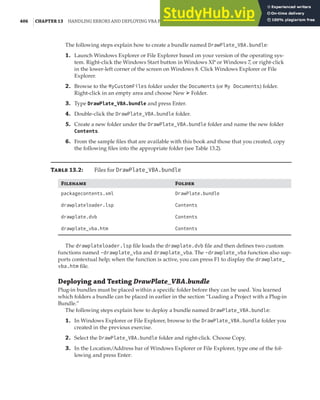 406 |CHAPTER 13 HANDLING ERRORS AND DEPLOYING VBA PROJECTS
The following steps explain how to create a bundle named DrawPlate_VBA.bundle:
1. Launch Windows Explorer or File Explorer based on your version of the operating sys-
tem. Right-click the Windows Start button in Windows XP or Windows 7, or right-click
in the lower-left corner of the screen on Windows 8. Click Windows Explorer or File
Explorer.
2. Browse to the MyCustomFiles folder under the Documents (or My Documents) folder.
Right-click in an empty area and choose New ➢ Folder.
3. Type DrawPlate_VBA.bundle and press Enter.
4. Double-click the DrawPlate_VBA.bundle folder.
5. Create a new folder under the DrawPlate_VBA.bundle folder and name the new folder
Contents.
6. From the sample files that are available with this book and those that you created, copy
the following files into the appropriate folder (see Table 13.2).
Table 13.2: Files for DrawPlate_VBA.bundle
Filename Folder
packagecontents.xml DrawPlate.bundle
drawplateloader.lsp Contents
drawplate.dvb Contents
drawplate_vba.htm Contents
The drawplateloader.lsp file loads the drawplate.dvb file and then defines two custom
functions named -drawplate_vba and drawplate_vba. The -drawplate_vba function also sup-
ports contextual help; when the function is active, you can press F1 to display the drawplate_
vba.htm file.
Deploying and Testing DrawPlate_VBA.bundle
Plug-in bundles must be placed within a specific folder before they can be used. You learned
which folders a bundle can be placed in earlier in the section “Loading a Project with a Plug-in
Bundle.”
The following steps explain how to deploy a bundle named DrawPlate_VBA.bundle:
1. In Windows Explorer or File Explorer, browse to the DrawPlate_VBA.bundle folder you
created in the previous exercise.
2. Select the DrawPlate_VBA.bundle folder and right-click. Choose Copy.
3. In the Location/Address bar of Windows Explorer or File Explorer, type one of the fol-
lowing and press Enter:
 
