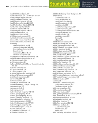 410 |ACADTABLESTYLE OBJECTS • ADDPLOTCONFIG PROCEDURE
AcadTableStyle objects, 169
AcadText objects, 151, 154–155. See also text
AcadTextStyle objects, 156–157
AcadTextStyles collection, 156
AcadTolerance objects, 163–164
AcadToolbar collection, 288–289
AcadToolbarItem objects, 289–292
AcadUtility objects, 113, 381
AcadView objects, 142–143
AcadViewport objects, 139–141
AcadWipeout objects, 199
AcadXrecord objects, 264
acAllViewports constant, 101
AcAttributeMode enumerator, 179
accessdatabaseado procedure, 365
accessdatabasedao procedure, 365
accessing
collection objects, 34–35
custom dictionaries, 260–261
drawing-based objects, 88–89
filesystem, 348
outside files, 346–347, 347
selection set objects, 132
AcCtrl (AutoCAD Control) controls, 314
AcDbDictionaryRecord objects, 263
acDisplay constant, 234
acExtents constant, 234
AcFocusCtrl (AutoCAD Focus Control) controls,
315, 325
acInches constant, 232
acLayout constant, 234
acLimits constant, 234
acMenuFileCompiled constant, 282
acMenuFileSource constant, 282
acMillimeters constant, 232
acp.cuix file, 300–302
acPixels constant, 232
AcPlotType enumerator, 234
AcSmComponents 1.0 Type Library, 339
Activate events, 297
Activate method, 67
Active property, 67
ActiveDimStyle property, 162–164
ActiveLayer property, 34–35
ActiveLayout property, 90, 222
ActivePViewport property, 225
ActiveSelectionSet property, 129
ActiveSpace property, 90, 225
ActiveTextStyle property, 157–158
ActiveViewport property, 139
ActiveX Developer’s Guide, 19
acView constant, 234
acVpScaleToFit constant, 227
acWindow constant, 234
Add File To Startup Suite dialog box, 391
Add method
AcadBlocks, 176–177
AcadDictionaries, 262
AcadDimStyles, 160–161
AcadDocuments, 61–62
AcadLayouts, 222
AcadPlotConfigurations, 229
AcadPopupMenus, 282
AcadRegisteredApplications, 249
AcadSelectionSets, 129
AcadTextStyles, 156
AcadViewports, 139
layers, 23
objects, 32
Add To History option, 390
Add Watch dialog box, 10, 387, 387
AddACPMenu procedure, 284
AddACPToolbar procedure, 290–291
AddArc function, 94–95
AddAttribute function, 178–179
AddBlkReference procedure, 241
AddCircle function, 93–94
AddDim3PointAngular function, 158
AddDimAligned function, 158
AddDimAngular function, 158
AddDimArc function, 158
AddDimDiametric function, 158–159
AddDimOrdinate function, 159
AddDimRadial function, 159
AddDimRadialLarge function, 159
AddDimRotated function, 159
addDWGProps procedure, 78–79
AddExtensionDictionary procedure, 262–263
AddFloatingViewport procedure, 242
AddItems method, 130
addition, 38
Additional Controls dialog box
AcFocusCtrl controls, 325
Toolbox window, 10, 316
AddLayer procedure, 380
AddLayout procedure, 239
AddLeader method, 167
AddLightWeightPolyline function, 97–99
AddLine function, 91–92
AddMenuItem method, 283–284
AddMLeader method, 164
AddMLine function, 99
AddMText function, 151–152
AddObject method, 32
AcadDictionary, 263
multileaders, 165
tables, 169
AddPlotConfig procedure, 240–241
 