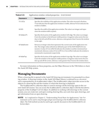 60 | CHAPTER 3 INTERACTING WITH THE APPLICATION AND DOCUMENTS OBJECTS
Pr D
Visible Speciﬁes the visibility of the application window. The value returned is Boolean.
True indicates that the application window is visible, whereas False indicates the
window is hidden.
Width Speciﬁes the width of the application window. The value is an integer and repre-
sents the window width in pixels.
WindowLeft Speciﬁes the location of the application window’s left edge. The value is an integer.
0 sets the window to the leftmost visible position. A negative value moves the win-
dow to the left and oﬀ the screen, whereas a value greater than 0 moves the window
to the right.
WindowState Returns an integer value that represents the current state of the application win-
dow. The integer values allowed are deﬁned as part of the AcWindowState enu-
merator. A value of 1 (or acNorm) indicates the window is neither minimized nor
maximized, whereas a value of 2 (or acMin) or 3 (or acMax) indicates the window is
minimized or maximized, respectively.
WindowTop Speciﬁes the location of the application window’s top edge. The value is an integer.
0 sets the window to the topmost visible position. A negative value moves the win-
dow up and oﬀ the screen, whereas a value greater than 0 moves the window down.
For more information on these properties, use the Object Browser in the VBA Editor or check
the AutoCAD Help system.
Managing Documents
When a drawing file is opened in the AutoCAD drawing environment, it is presented in a draw-
ing window. A drawing window in the AutoCAD Object library is referred to as a document
and is represented by an AcadDocument object. The AcadDocument object provides access to the
objects in a drawing file and the window in which the drawing is displayed.
The AcadDocuments collection object is used to manage all the drawings open in the cur-
rent AutoCAD session. You can access the AcadDocuments collection object with the Documents
property of the AcadApplication object. In addition to working with drawings in the current
session, you can create new and open existing drawing files, save and close open drawings, and
get information from an open drawing.
NOTE As I explained in Chapter 2, “Understanding Visual Basic for Applications,” the For
statement can be used to step through and get each drawing in the AcadDocuments collection
object. The Item method can also be used to get a speciﬁc document in the AcadDocuments col-
lection object.
T 3.2: Application window–related properties ()
 