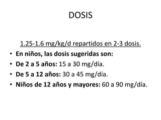 DOSIS
1.25-1.6 mg/kg/d repartidos en 2-3 dosis.
• En niños, las dosis sugeridas son:
• De 2 a 5 años: 15 a 30 mg/día.
• De 5 a 12 años: 30 a 45 mg/día.
• Niños de 12 años y mayores: 60 a 90 mg/día.
 