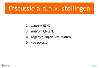 Discussie a.d.h.v. stellingen Waarom EENS Waarom ONEENS Tegenstellingen/knelpunten Hoe oplossen 