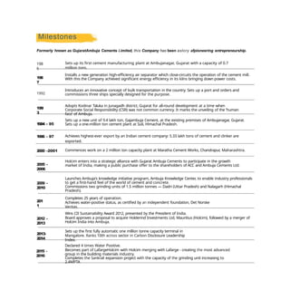 1994 - 95
Sets up a new unit of 9.4 lakh ton, Gajambuja Cement, at the existing premises of Ambujanagar, Gujarat.
Sets up a one-million ton cement plant at Suli, Himachal Pradesh.
1996 - 97 Achieves highest-ever export by an Indian cement company: 5.33 lakh tons of cement and clinker are
exported.
2000 -2001 Commences work on a 2 million ton capacity plant at Maratha Cement Works, Chandrapur
, Maharashtra.
Formerly hnown as GujaratAmbuja Cements i.imited, this Company has been astory afpioneering entrepreneurship.
198
7
199
3
2005 -
2006
2009 -
2010
201
1
2012 -
2013
2013-
2014
2015 -
2016
198
6
Sets up its first cement manufacturing plant at Ambujanagar, Gujarat with a capacity of 0.7
million tons.
Installs a new generation high-efficiency air separator which close-circuits the operation of the cement mill.
With this the Company achieved significant energy efficiency in its kilns bringing down power costs.
Introduces an innovative concept of bulk transportation in the country. Sets up a port and orders and
commissions three ships specially designed for the purpose.
1992
Adopts Kodinar Taluka in Junagadh district, Gujarat for all-round development at a time when
Corporate Social Responsibility (CSR) was not common currency. It marks the unveiling of the ’human
face’ of Ambuja.
Holcim enters into a strategic alliance with Gujarat Ambuja Cements to participate in the growth
market of India, making a public purchase offer to the shareholders of ACC and Ambuja Cements Ltd.
Launches Ambuja's knowledge initiative program, Ambuja Knowledge Center, to enable industry professionals
to get a first-hand feel of the world of cement and concrete.
Commissions two grinding units of 1.5 million tonnes — Dadri (Uttar Pradesh) and Nalagarh (Himachal
Pradesh).
Completes 25 years of operation.
Achieves water-positive status, as certified by an independent foundation, Det Norske
Veritas.
Wins CII Sustainability Award 2012, presented by the President of India.
Board approves a proposal to acquire Holderind Investments Ltd, Mauritius (Holcim), followed by a merger of
Holcim India into Ambuja.
Sets up the first fully automatic one million tonne capacity terminal in
Mangalore. Ranks 10th across sector in Carbon Disclosure Leadership
Index.
Declared 4 times Water Positive.
Becomes part of LafargeHolcim with Holcim merging with Lafarge - creating the most advanced
group in the building materials industry.
Completes the Sankrail expansion project with the capacity of the grinding unit increasing to
2.4MPTA
 