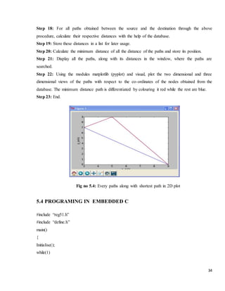 34
Step 18: For all paths obtained between the source and the destination through the above
procedure, calculate their respective distances with the help of the database.
Step 19: Store these distances in a list for later usage.
Step 20: Calculate the minimum distance of all the distance of the paths and store its position.
Step 21: Display all the paths, along with its distances in the window, where the paths are
searched.
Step 22: Using the modules matplotlib (pyplot) and visual, plot the two dimensional and three
dimensional views of the paths with respect to the co-ordinates of the nodes obtained from the
database. The minimum distance path is differentiated by colouring it red while the rest are blue.
Step 23: End.
Fig no 5.4: Every paths along with shortest path in 2D plot
5.4 PROGRAMING IN EMBEDDED C
#include “reg51.h”
#include “define.h”
main()
{
Initialise();
while(1)
 
