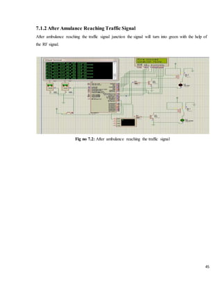 45
7.1.2 After Amulance Reaching Traffic Signal
After ambulance reaching the traffic signal junction the signal will turn into green with the help of
the RF signal.
Fig no 7.2: After ambulance reaching the traffic signal
 