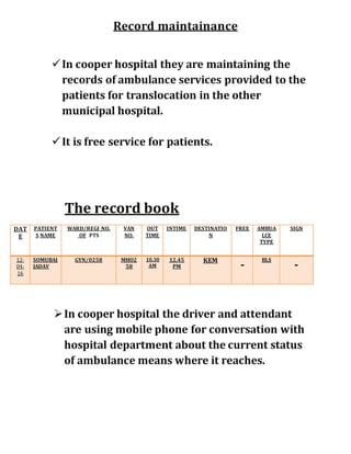 Record maintainance
In cooper hospital they are maintaining the
records of ambulance services provided to the
patients for translocation in the other
municipal hospital.
It is free service for patients.
The record book
In cooper hospital the driver and attendant
are using mobile phone for conversation with
hospital department about the current status
of ambulance means where it reaches.
DAT
E
PATIENT
S NAME
WARD/REGI NO.
OF PTS
VAN
NO.
OUT
TIME
INTIME DESTINATIO
N
FREE AMBUA
LCE
TYPE
SIGN
12-
04-
16
SOMUBAI
JADAV
GYN/0258 MHO2
58
10.30
AM
12.45
PM
KEM
-
BLS
-
 