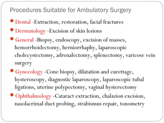Procedures Suitable for Ambulatory Surgery
Dental -Extraction, restoration, facial fractures
Dermatology -Excision of skin lesions
General -Biopsy, endoscopy, excision of masses,
hemorrhoidectomy, herniorrhaphy, laparoscopic
cholecystectomy, adrenalectomy, splenectomy, varicose vein
surgery
Gynecology -Cone biopsy, dilatation and curettage,
hysteroscopy, diagnostic laparoscopy, laparoscopic tubal
ligations, uterine polypectomy, vaginal hysterectomy
Ophthalmology -Cataract extraction, chalazion excision,
nasolacrimal duct probing, strabismus repair, tonometry
 