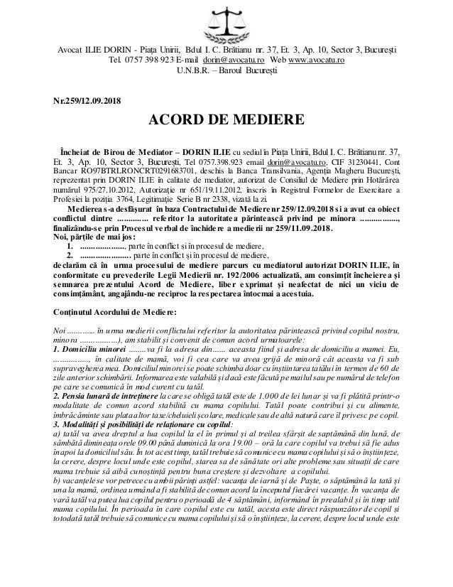 Acord De Mediere Consfințit De Instanță Privind Custodia Comună și Ie