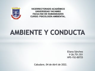 VICERRECTORADO ACADÉMICO
UNIVERSIDAD YACAMBÚ
FACULTAD DE HUMANIDADES
CURSO: PSICOLOGÍA AMBIENTAL.
Eliana Sánchez
V-26.751.551
HPS-152-00725
Cabudare, 04 de Abril de 2022.
 