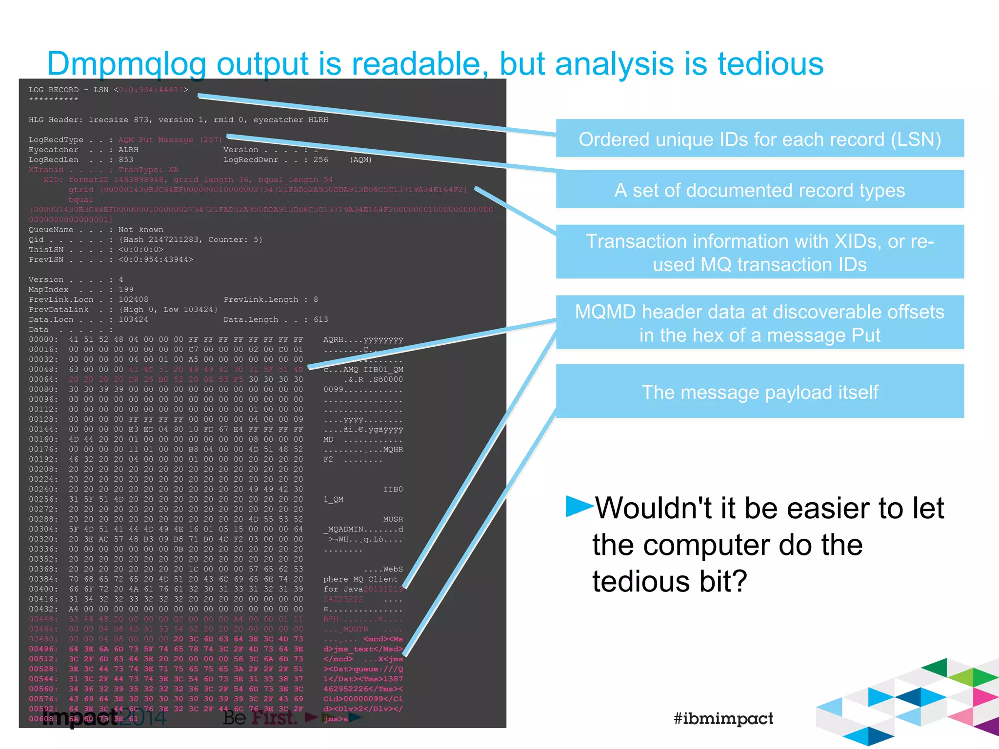 Dmpmqlog output is readable, but analysis is tedious
Wouldn't it be easier to let
the computer do the
tedious bit?
LOG RECORD - LSN <0:0:954:44817>
**********
HLG Header: lrecsize 873, version 1, rmid 0, eyecatcher HLRH
LogRecdType . . : AQM Put Message (257)
Eyecatcher . . : ALRH Version . . . . : 1
LogRecdLen . . : 853 LogRecdOwnr . . : 256 (AQM)
XTranid . . . . : TranType: XA
XID: formatID 1463898948, gtrid_length 36, bqual_length 54
gtrid [000001430B3C84EF000000010000002734721FAD52A950DDA913D08C5C13719A34E164F2]
bqual
[000001430B3C84EF000000010000002734721FAD52A950DDA913D08C5C13719A34E164F200000001000000000000
0000000000000001]
QueueName . . . : Not known
Qid . . . . . . : {Hash 2147211283, Counter: 5}
ThisLSN . . . . : <0:0:0:0>
PrevLSN . . . . : <0:0:954:43944>
Version . . . . : 4
MapIndex . . . : 199
PrevLink.Locn . : 102408 PrevLink.Length : 8
PrevDataLink . : {High 0, Low 103424}
Data.Locn . . . : 103424 Data.Length . . : 613
Data . . . . . :
00000: 41 51 52 48 04 00 00 00 FF FF FF FF FF FF FF FF AQRH....ÿÿÿÿÿÿÿÿ
00016: 00 00 00 00 00 00 00 00 C7 00 00 00 02 00 C0 01 ........Ç.......
00032: 00 00 00 00 04 00 01 00 A5 00 00 00 00 00 00 00 ........¥.......
00048: 63 00 00 00 41 4D 51 20 49 49 42 30 31 5F 51 4D c...AMQ IIB01_QM
00064: 20 20 20 20 D9 26 B0 52 20 08 53 F5 30 30 30 30 .&.R .Sõ0000
00080: 30 30 39 39 00 00 00 00 00 00 00 00 00 00 00 00 0099............
00096: 00 00 00 00 00 00 00 00 00 00 00 00 00 00 00 00 ................
00112: 00 00 00 00 00 00 00 00 00 00 00 00 01 00 00 00 ................
00128: 00 00 00 00 FF FF FF FF 00 00 00 00 04 00 00 09 ....ÿÿÿÿ........
00144: 00 00 00 00 E3 ED 04 80 10 FD 67 E4 FF FF FF FF ....ãí.€.ýgäÿÿÿÿ
00160: 4D 44 20 20 01 00 00 00 00 00 00 00 08 00 00 00 MD ............
00176: 00 00 00 00 11 01 00 00 B8 04 00 00 4D 51 48 52 ........¸...MQHR
00192: 46 32 20 20 04 00 00 00 01 00 00 00 20 20 20 20 F2 ........
00208: 20 20 20 20 20 20 20 20 20 20 20 20 20 20 20 20
00224: 20 20 20 20 20 20 20 20 20 20 20 20 20 20 20 20
00240: 20 20 20 20 20 20 20 20 20 20 20 20 49 49 42 30 IIB0
00256: 31 5F 51 4D 20 20 20 20 20 20 20 20 20 20 20 20 1_QM
00272: 20 20 20 20 20 20 20 20 20 20 20 20 20 20 20 20
00288: 20 20 20 20 20 20 20 20 20 20 20 20 4D 55 53 52 MUSR
00304: 5F 4D 51 41 44 4D 49 4E 16 01 05 15 00 00 00 64 _MQADMIN.......d
00320: 20 3E AC 57 48 B3 09 B8 71 B0 4C F2 03 00 00 00 >¬WH..¸q.Lò....
00336: 00 00 00 00 00 00 00 0B 20 20 20 20 20 20 20 20 ........
00352: 20 20 20 20 20 20 20 20 20 20 20 20 20 20 20 20
00368: 20 20 20 20 20 20 20 20 1C 00 00 00 57 65 62 53 ....WebS
00384: 70 68 65 72 65 20 4D 51 20 43 6C 69 65 6E 74 20 phere MQ Client
00400: 66 6F 72 20 4A 61 76 61 32 30 31 33 31 32 31 39 for Java20131219
00416: 31 34 32 32 33 32 32 32 20 20 20 20 00 00 00 00 14223222 ....
00432: A4 00 00 00 00 00 00 00 00 00 00 00 00 00 00 00 ¤...............
00448: 52 46 48 20 00 00 00 02 00 00 00 A4 00 00 01 11 RFH .......¤....
00464: 00 00 04 B8 4D 51 53 54 52 20 20 20 00 00 00 00 ...¸MQSTR ....
00480: 00 00 04 B8 00 00 00 20 3C 6D 63 64 3E 3C 4D 73 ...¸... <mcd><Ms
00496: 64 3E 6A 6D 73 5F 74 65 78 74 3C 2F 4D 73 64 3E d>jms_text</Msd>
00512: 3C 2F 6D 63 64 3E 20 20 00 00 00 58 3C 6A 6D 73 </mcd> ...X<jms
00528: 3E 3C 44 73 74 3E 71 75 65 75 65 3A 2F 2F 2F 51 ><Dst>queue:///Q
00544: 31 3C 2F 44 73 74 3E 3C 54 6D 73 3E 31 33 38 37 1</Dst><Tms>1387
00560: 34 36 32 39 35 32 32 32 36 3C 2F 54 6D 73 3E 3C 462952226</Tms><
00576: 43 69 64 3E 30 30 30 30 30 30 39 39 3C 2F 43 69 Cid>00000099</Ci
00592: 64 3E 3C 44 6C 76 3E 32 3C 2F 44 6C 76 3E 3C 2F d><Dlv>2</Dlv></
00608: 6A 6D 73 3E 61 jms>a
Ordered unique IDs for each record (LSN)Ordered unique IDs for each record (LSN)
A set of documented record typesA set of documented record types
Transaction information with XIDs, or re-
used MQ transaction IDs
Transaction information with XIDs, or re-
used MQ transaction IDs
MQMD header data at discoverable offsets
in the hex of a message Put
MQMD header data at discoverable offsets
in the hex of a message Put
The message payload itselfThe message payload itself
 