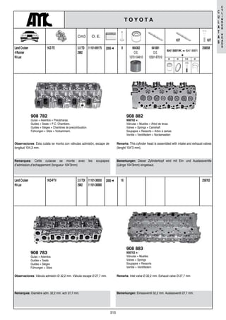 315
C
U
L
A
T
A
S
C
Y
L
I
N
D
E
R
H
E
A
D
S
908 782
Guías + Asientos + Precámaras.
Guides + Seats + P.C. Chambers.
Guides + Sièges + Chambres de precombustion.
Führungen + Sitze + Vorkammern.
Remarques: Cette culasse se monte avec les soupapes
d’admission,d’echappement (longueur 104’3mm)
Observaciones: Esta culata se monta con válvulas admisión, escape de
longitud 104,3 mm.
Bemerkungen: Dieser Zylinderkopf wird mit Ein- und Auslassventile
(Länge 104’3mm) eingebaut.
Remarks: This cylinder head is assembled with intake and exhaust valves
(lenght 104’3 mm).
908 882
908782 +:
Válvulas + Muelles + Árbol de levas
Valves + Springs + Camshaft
Soupapes + Ressorts + Arbre à cames
Ventile + Ventilfedern + Nockenwellen
25805811101-691753.0 TD
2982
82000 ➜1KZ-TELand Cruiser
4 Runner
Hi-Lux
664362
O.E.
13751-54010
641881
O.E.
13501-67010
641881K = 641881
+
8 0 10 0
25878311101-30050
11101-30080
3.0 TDI
2982
162000 ➜1KD-FTVLand Cruiser
Hi-Lux
908 783
Guías + Asientos
Guides + Seats
Guides + Sièges
Führungen + Sitze
Remarques: Diamètre adm. 32,2 mm. ech 27,7 mm.
Observaciones: Válvula admisión Ø 32,2 mm. Válvula escape Ø 27,7 mm.
Bemerkungen: Einlassventil 32,2 mm. Auslassventil 27,7 mm.
Remarks: Inlet valve Ø 32,2 mm. Exhaust valve Ø 27,7 mm
908 883
908783 +:
Válvulas + Muelles
Valves + Springs
Soupapes + Ressorts
Ventile + Ventilfedern
T O Y O T A
KIT
Cm3 O. E.
KIT
 