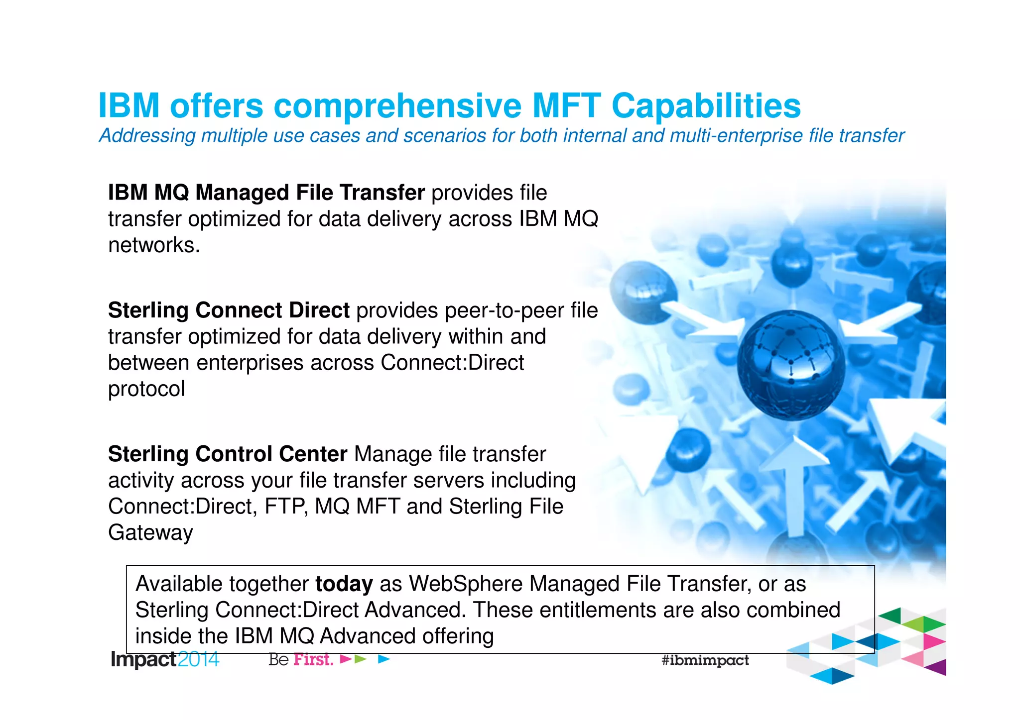IBM offers comprehensive MFT Capabilities
IBM MQ Managed File Transfer provides file
transfer optimized for data delivery across IBM MQ
networks.
Sterling Connect Direct provides peer-to-peer file
transfer optimized for data delivery within and
between enterprises across Connect:Direct
protocol
Sterling Control Center Manage file transfer
activity across your file transfer servers including
Connect:Direct, FTP, MQ MFT and Sterling File
Gateway
Addressing multiple use cases and scenarios for both internal and multi-enterprise file transfer
Available together today as WebSphere Managed File Transfer, or as
Sterling Connect:Direct Advanced. These entitlements are also combined
inside the IBM MQ Advanced offering
 