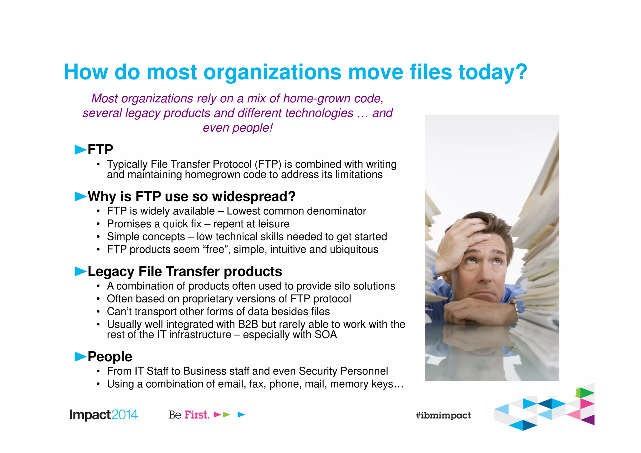 How do most organizations move files today?
FTP
• Typically File Transfer Protocol (FTP) is combined with writing
and maintaining homegrown code to address its limitations
Why is FTP use so widespread?
• FTP is widely available – Lowest common denominator
• Promises a quick fix – repent at leisure
• Simple concepts – low technical skills needed to get started
• FTP products seem “free”, simple, intuitive and ubiquitous
Legacy File Transfer products
• A combination of products often used to provide silo solutions
• Often based on proprietary versions of FTP protocol
• Can’t transport other forms of data besides files
• Usually well integrated with B2B but rarely able to work with the
rest of the IT infrastructure – especially with SOA
People
• From IT Staff to Business staff and even Security Personnel
• Using a combination of email, fax, phone, mail, memory keys…
Most organizations rely on a mix of home-grown code,
several legacy products and different technologies … and
even people!
 