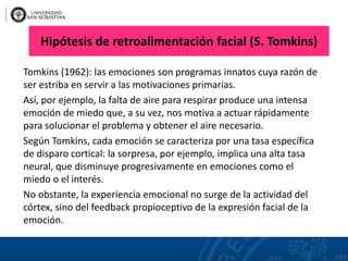 Hipótesis de retroalimentación facial (S. Tomkins)
Tomkins (1962): las emociones son programas innatos cuya razón de
ser estriba en servir a las motivaciones primarias.
Así, por ejemplo, la falta de aire para respirar produce una intensa
emoción de miedo que, a su vez, nos motiva a actuar rápidamente
para solucionar el problema y obtener el aire necesario.
Según Tomkins, cada emoción se caracteriza por una tasa específica
de disparo cortical: la sorpresa, por ejemplo, implica una alta tasa
neural, que disminuye progresivamente en emociones como el
miedo o el interés.
No obstante, la experiencia emocional no surge de la actividad del
córtex, sino del feedback propioceptivo de la expresión facial de la
emoción.
 