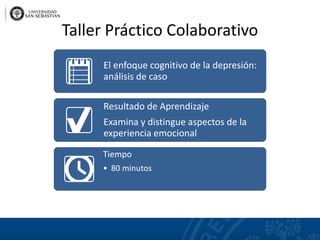 Taller Práctico Colaborativo
El enfoque cognitivo de la depresión:
análisis de caso
Resultado de Aprendizaje
Examina y distingue aspectos de la
experiencia emocional
Tiempo
• 80 minutos
 