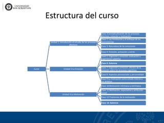 Estructura del curso
Curso
Unidad 1: Introducción al estudio de los procesos
afectivos
Clase 1Conceptualización de los procesos
afectivos, emoción y motivación:
Clase 2: Las miniteorías y el enfoque de las
neurociencias
Clase 3: Naturaleza de las emociones
Clase 4: Emoción, activación y estrés
Unidad 2:La Emoción
Clase 5: Cognición y emoción: evaluación y
experiencia subjetiva
Clase 6: Solemne
Clase 7: Cognición y emoción: efectos de la
emoción sobre los procesos cognitivos
Clase 8: Aspectos psicosociales y personalidad
Clase 9:La motivación como estado interno y
sus ámbitos
Unidad 3:La Motivación
Clase 10:Motivación intrínseca y extrínseca
Clase 11:Motivación, expectativa y atribución
causal
Clase 12:Trastornos de la motivación.
Clase 13: Solemne
 