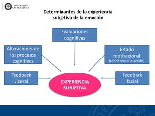 Determinantes de la experiencia
subjetiva de la emoción
EXPERIENCIA
SUBJETIVA
Feedback
viceral
Alteraciones de
los procesos
cognitivos
Evaluaciones
cognitivas
Estado
motivacional
(tendencia a la acción)
Feedback
facial
 