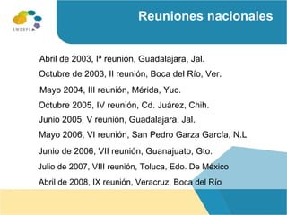 Abril de 2003, Iª reunión, Guadalajara, Jal. Octubre de 2003, II reunión, Boca del Río, Ver. Mayo 2004, III reunión, Mérida, Yuc. Octubre 2005, IV reunión, Cd. Juárez, Chih. Junio 2005, V reunión, Guadalajara, Jal. Junio de 2006, VII reunión, Guanajuato, Gto. Mayo 2006, VI reunión, San Pedro Garza García, N.L Reuniones nacionales Julio de 2007, VIII reunión, Toluca, Edo. De México Abril de 2008, IX reunión, Veracruz, Boca del Río 