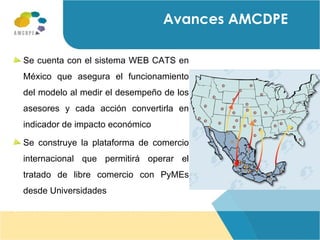 Se cuenta con el sistema WEB CATS en México que asegura el funcionamiento del modelo al medir el desempeño de los asesores y cada acción convertirla en indicador de impacto económico Se construye la plataforma de comercio internacional que permitirá operar el tratado de libre comercio con PyMEs desde Universidades Avances AMCDPE 