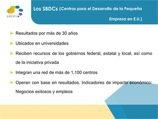 Los SBDCs  (Centros para el Desarrollo de la Pequeña Empresa en E.U.) Resultados por más de 30 años Ubicados en universidades Reciben recursos de los gobiernos federal, estatal y local, así como de la iniciativa privada  Integran una red de más de 1,100 centros Operan con base en resultados. Indicadores de impacto económico: Negocios exitosos y empleos 