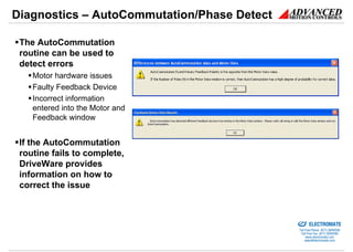 Diagnostics – AutoCommutation/Phase Detect

 The AutoCommutation
 routine can be used to
 detect errors
    Motor hardware...
