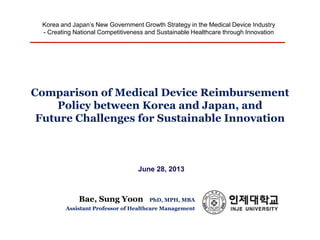 Korea and Japan’s New Government Growth Strategy in the Medical Device Industry
- Creating National Competitiveness and Sustainable Healthcare through Innovation

Comparison of Medical Device Reimbursement
Policy between Korea and Japan, and
Future Challenges for Sustainable Innovation

June 28, 2013

Bae, Sung Yoon

PhD, MPH, MBA

Assistant Professor of Healthcare Management

 