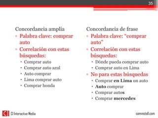 35




   Concordancia amplia         Concordancia de frase
   ▫ Palabra clave: comprar    ▫ Palabra clave: “comprar
     auto                        auto”
   ▫ Correlación con estas     ▫ Correlación con estas
     búsquedas:                  búsquedas:
          Comprar auto           Dónde pueda comprar auto
          Comprar auto azul      Comprar auto en Lima
          Auto comprar        ▫ No para estas búsquedas
          Lima comprar auto        Comprar en Lima un auto
          Comprar honda            Auto comprar
                                    Comprar autos
                                    Comprar mercedes


CI Interactive Media                                  cominstall.com
 