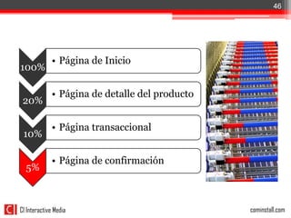 46


Embudo de conversión

             • Página de Inicio
100%

             • Página de detalle del producto
 20%

             • Página transaccional
 10%

             • Página de confirmación
  5%



CI Interactive Media                            cominstall.com
 