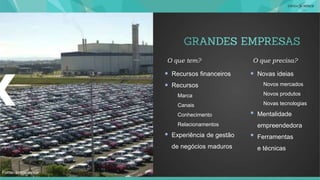 Recursos financeiros
Recursos
Marca
Canais
Conhecimento
Relacionamentos
Experiência de gestão
de negócios maduros
O que tem?
Novas ideias
Novos mercados
Novos produtos
Novas tecnologias
Mentalidade
empreendedora
Ferramentas
e técnicas
O que precisa?
Fonte: Innoscience
 