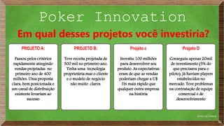 Poker Innovation
PROJETO A:
Passou pelos critérios
rapidamente atingindo
vendas projetadas no
primeiro ano de 400
milhões. Uma proposta
clara, bem posicionada e
um canal de distribuição
existente levariam ao
sucesso
PROJETO B:
Teve receita projetada de
500 mil no primeiro ano.
Tinha uma tecnologia
proprietária mas o cliente
e o modelo de negócio
não muito claros.
Projeto c
Investiu 100 milhões
para desenvolver seu
produto. As expectativas
eram de que as vendas
poderiam chegar a U$
1bi mais rápido que
qualquer outra empresa
na história
Projeto D
Conseguiu apenas 20mil
de investimento (5% do
que precisava para o
piloto). Já haviam players
estabelecidos no
mercado. Teve problemas
na contratação de equipe
comercial e de
desenvolvimento
Em qual desses projetos você investiria?
53
 